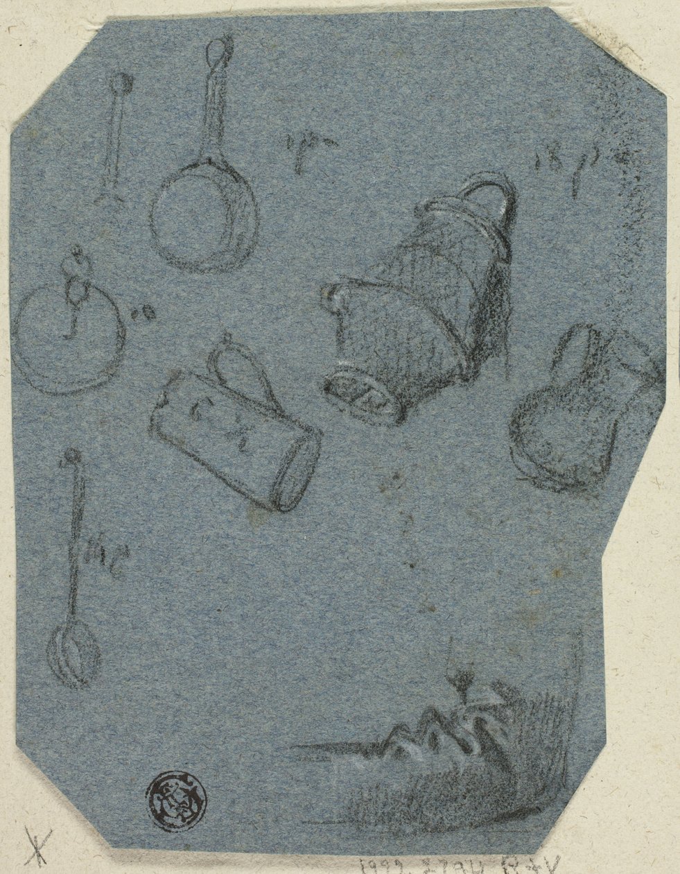 Skitser af køkkenredskaber, bøjet arm (recto); historisk scene (verso) af Unknown artist