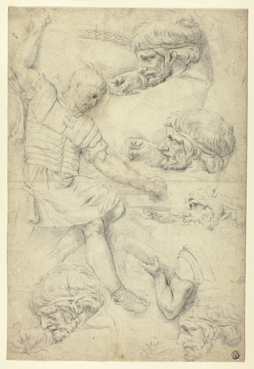 Skitser af soldat, hoveder, fra romersk relief (recto); Skitser af mandlige nøgenbilleder, fra romersk relief (verso) af Unknown artist