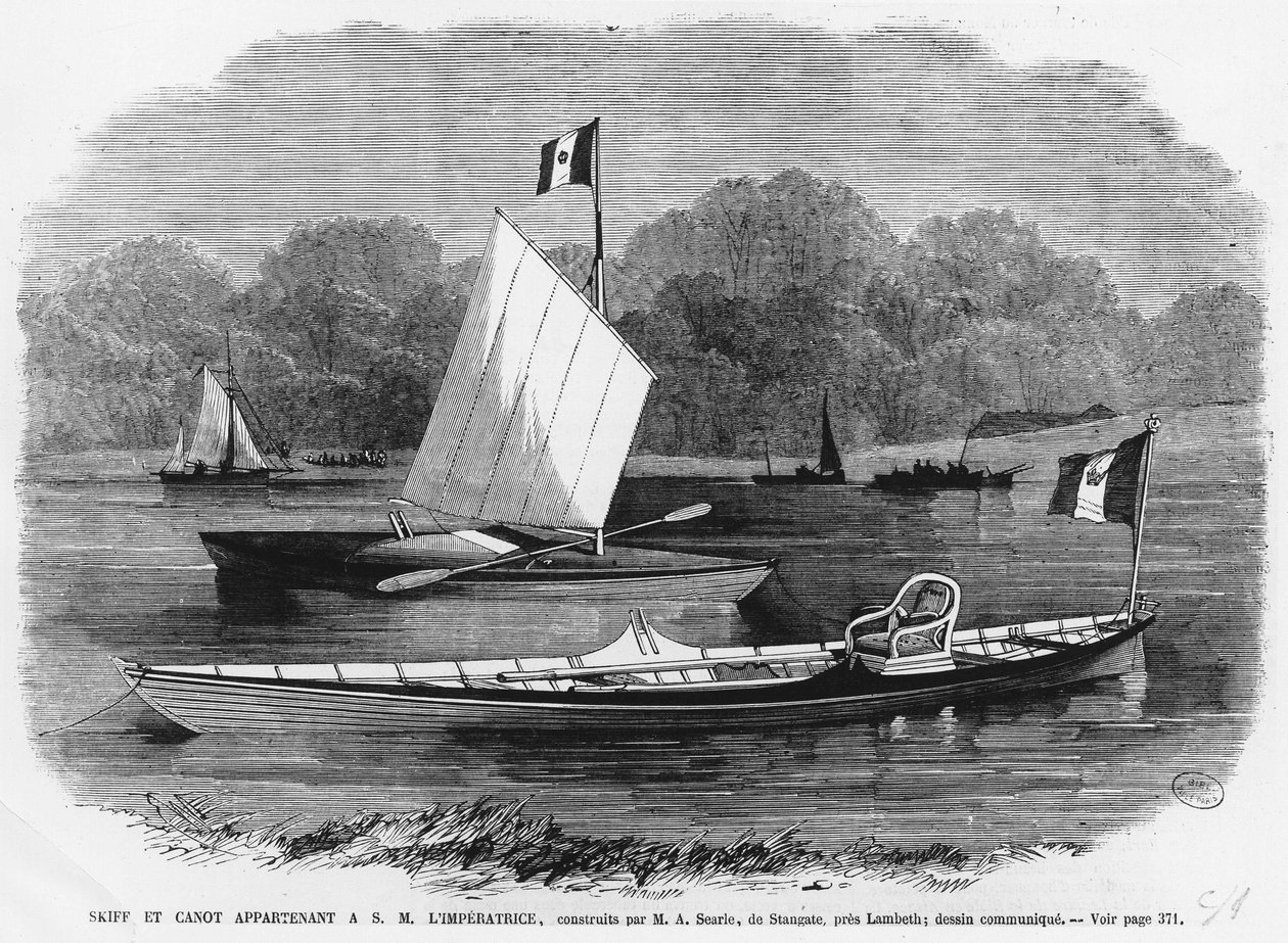 Skiff og kano ved siden af imperatrice, bygget af M.A. Searle de Stangate, nær Lambeth - gravering af Unknown artist