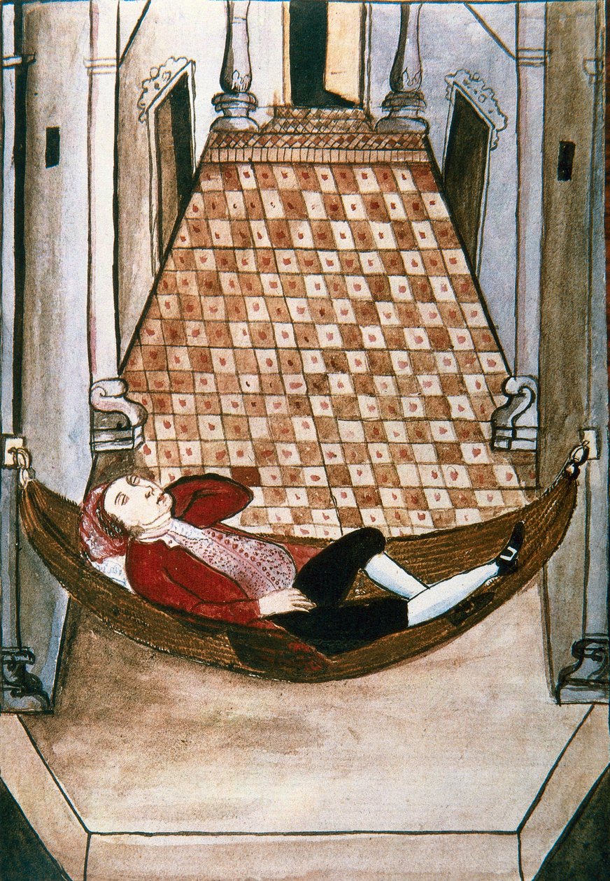 Søvnig spanier i en hængekøje i et rigt palads, fra bogen "Trujillo del Peru" eller "Codex Martinez Companion", af Baltazar Martinez Companion og Bujanda, biskop af Trujillo (1782-1785) af Unknown artist