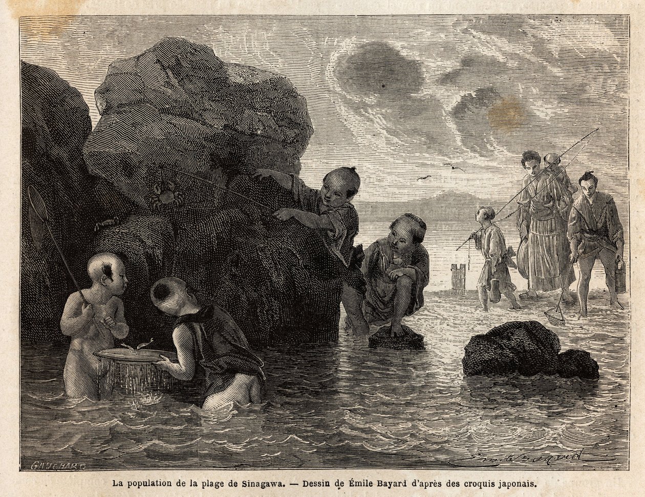 Små fiskeaktiviteter på en strand i Sinagawa, børn plasker i vandet og fanger krabber og små fisk. Gravering til illustration af rejsen til Japan i 1863-1864 af Aime Humbert, minister for Det Schweiziske Forbund, i "" Le tour du monde, nouveau j af Unknown artist