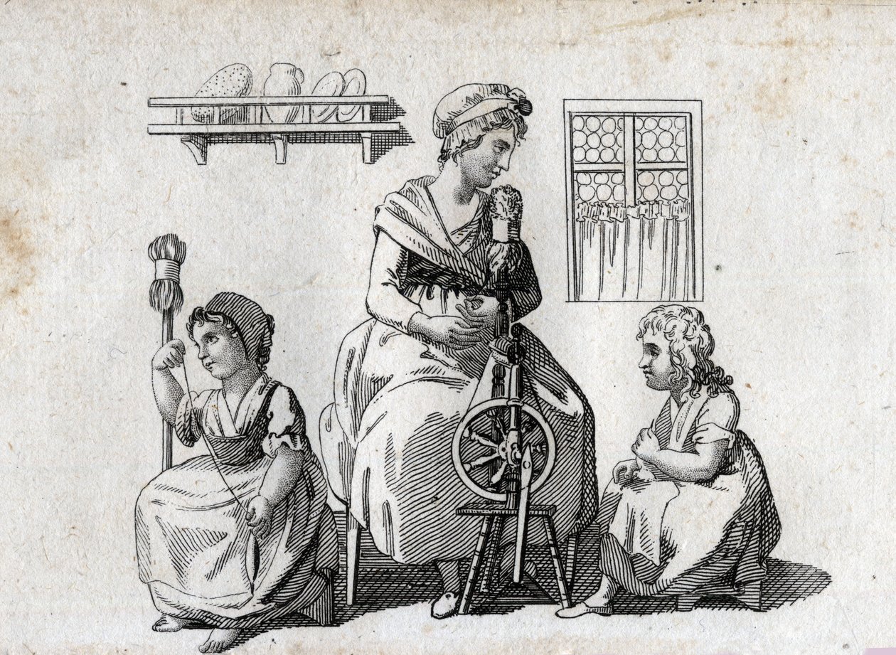 Spinding: mor og hendes døtre spinder uld. Kvinden bruger et spindehjul, og hendes datter bruger en cattail. Slutgravering af 1700-tallet. Privat samling. af Unknown artist