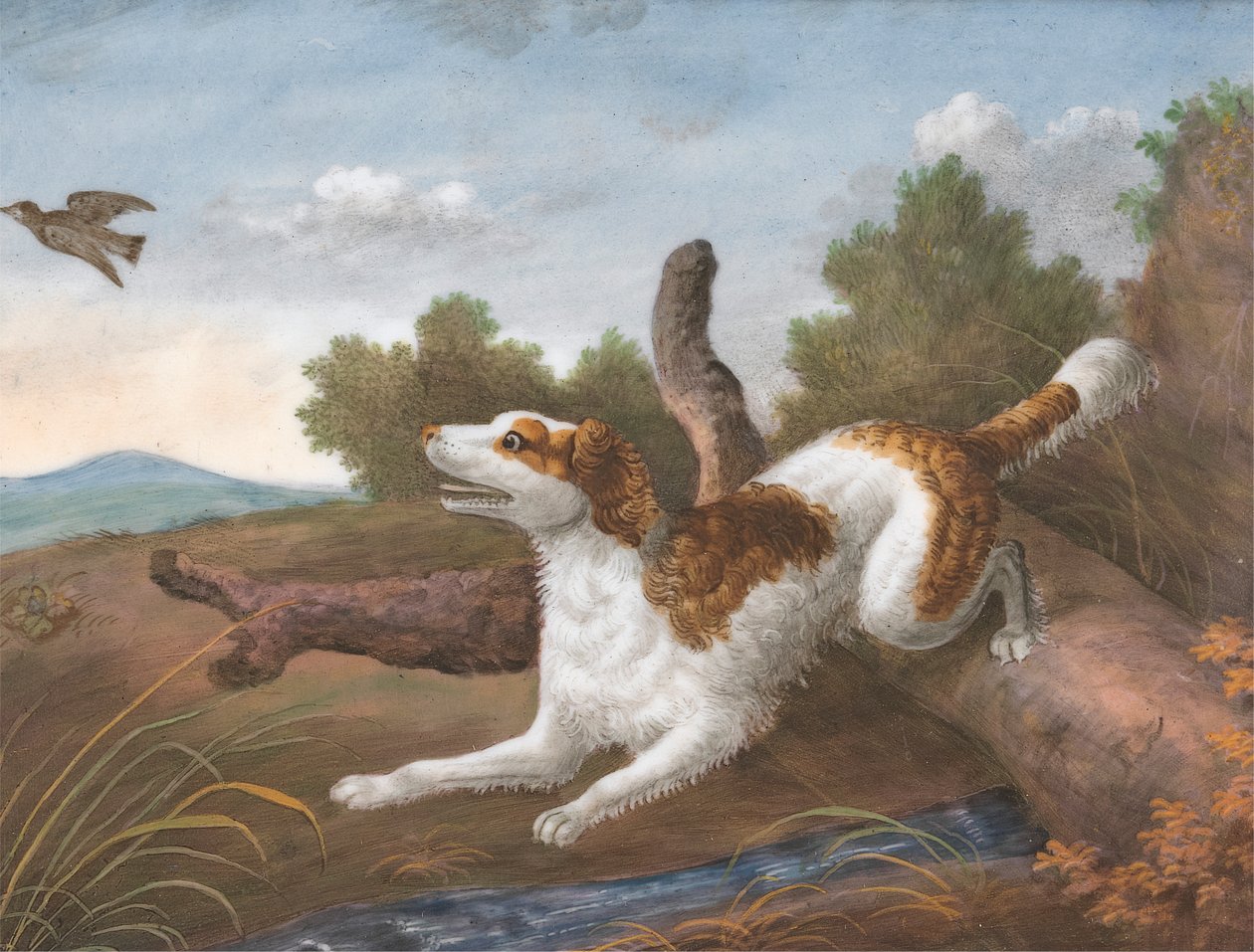 Springer: En spaniel, der afgrænser en træstamme for at springe en snekke til venstre af Unknown artist