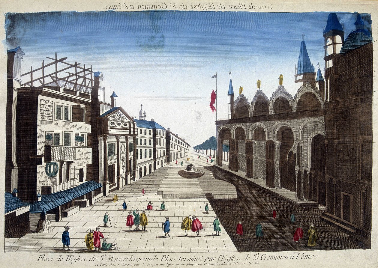 Markus-kirkens plads og den store plads afsluttet af St. Geminian-kirken i Venedig. Indgravering af det 18. århundrede. af Unknown artist