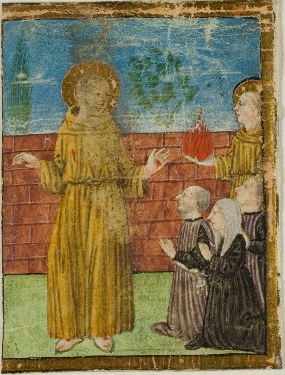 Frans af Assisi med donorer i et historiseret initial fra et uidentificeret manuskript af Unknown artist