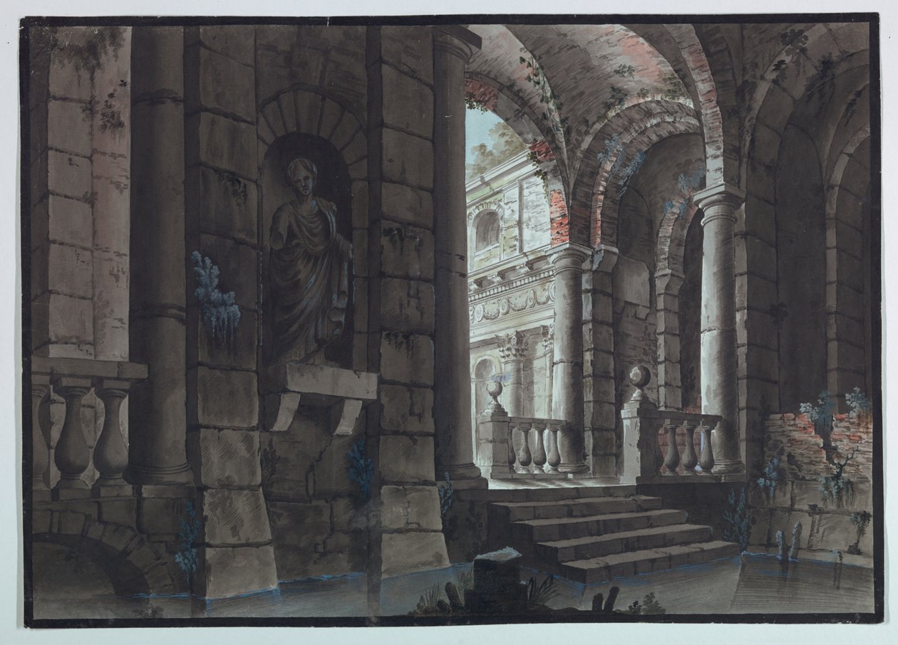 Scenedesign, antikke ruiner, interiør af Unknown artist
