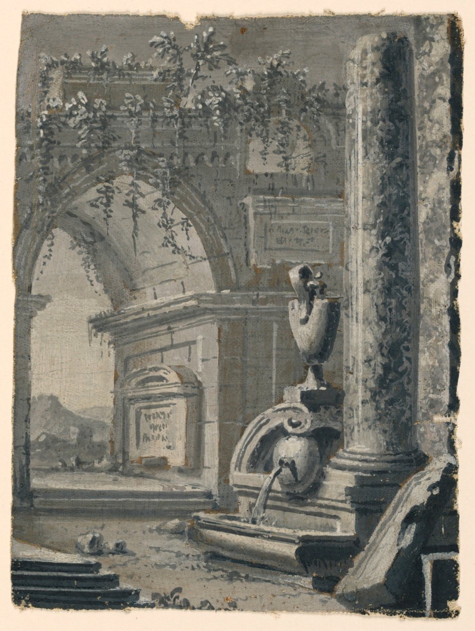 Scenedesign, antik udsigt i haven af Unknown artist