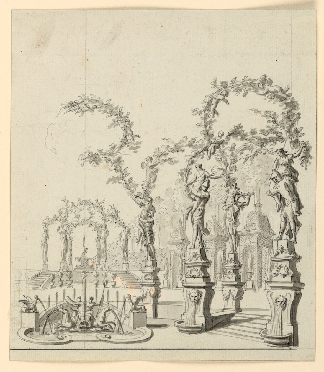Scenedesign: Havearkitektur med springvand og skulpturer af Unknown artist
