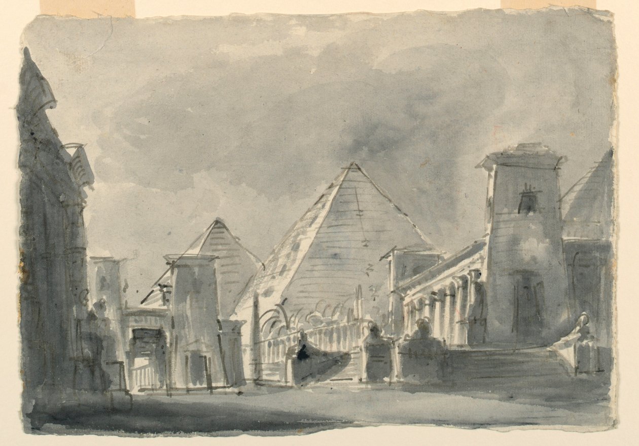 Scenedesign, gruppe af egyptiske bygninger udefra af Unknown artist