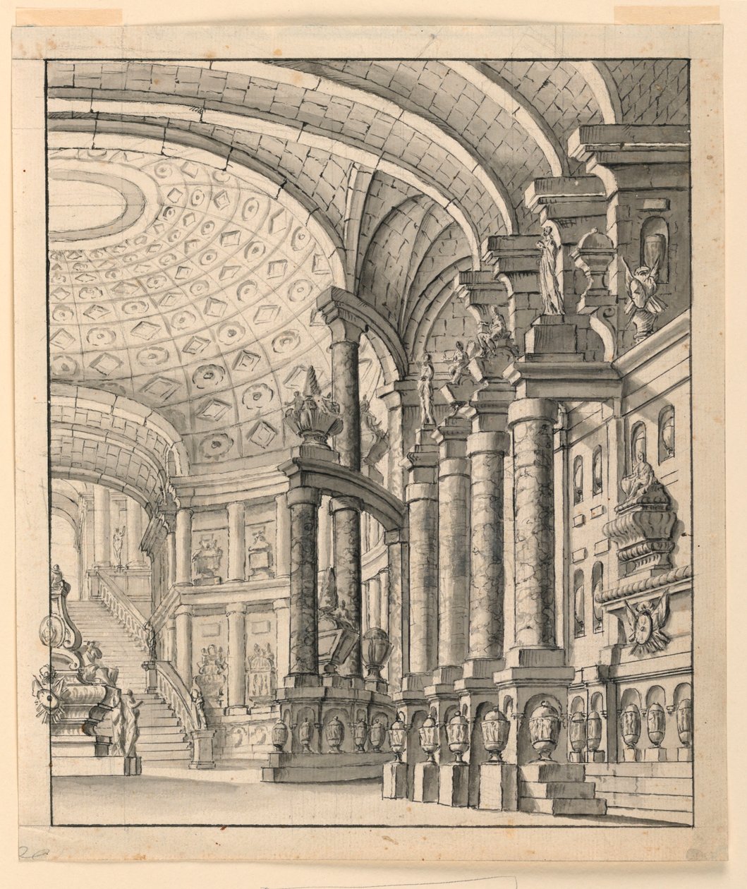 Scenedesign: Sal med kasseloft og urner af Unknown artist