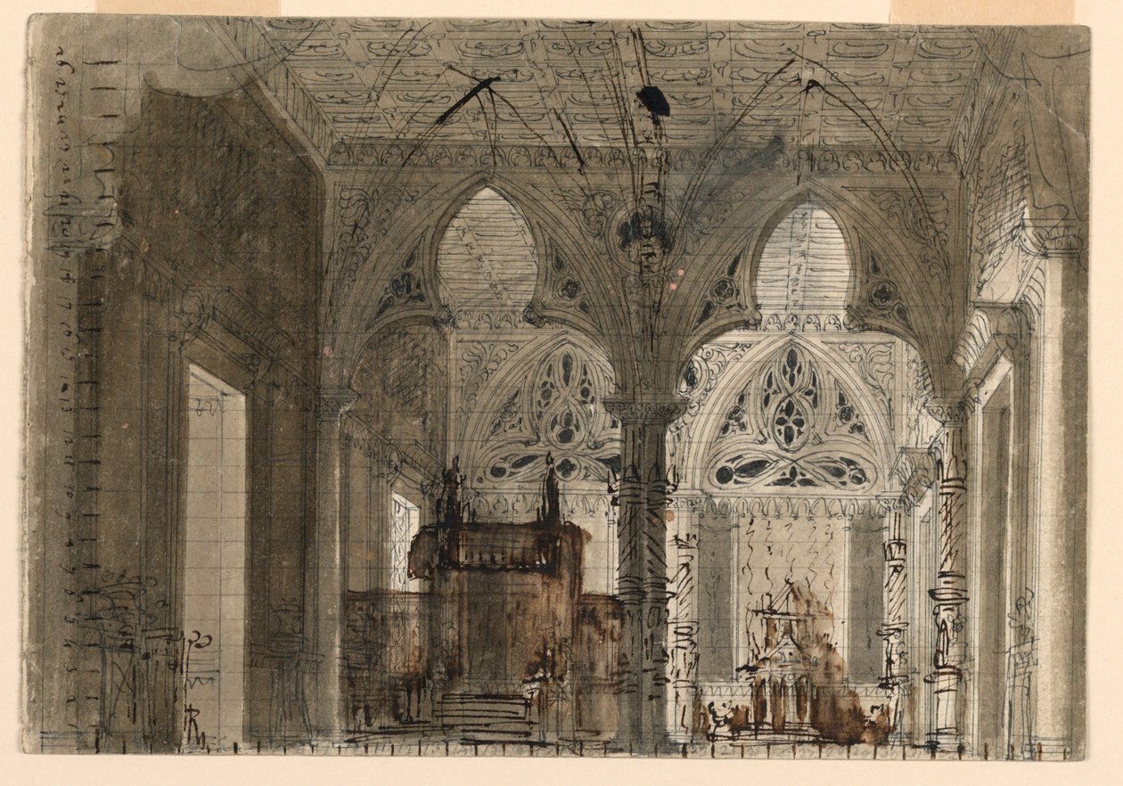 Scenedesign, interiør af gotisk kirke af Unknown artist