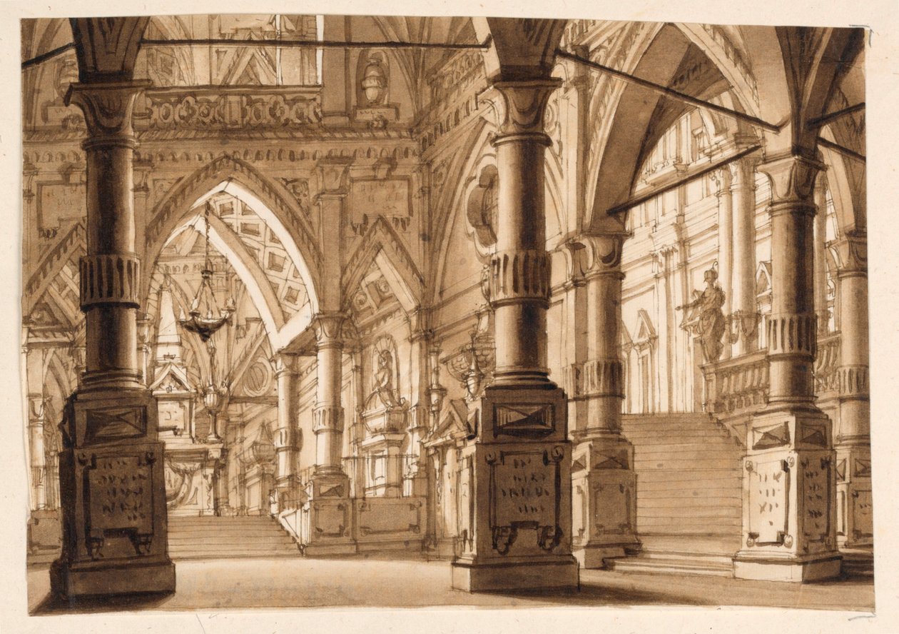Scenedesign, interiør af gotisk kirke af Unknown artist