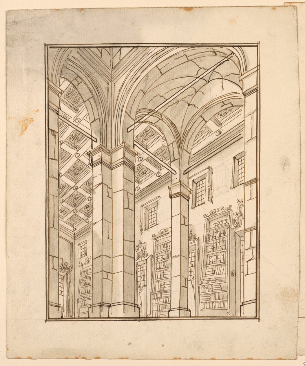 Scenedesign: Biblioteksinteriør med buer af Unknown artist