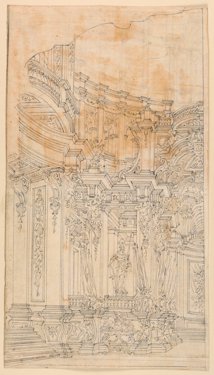 Scenedesign: Paladsarkitektur med trofæer af Unknown artist
