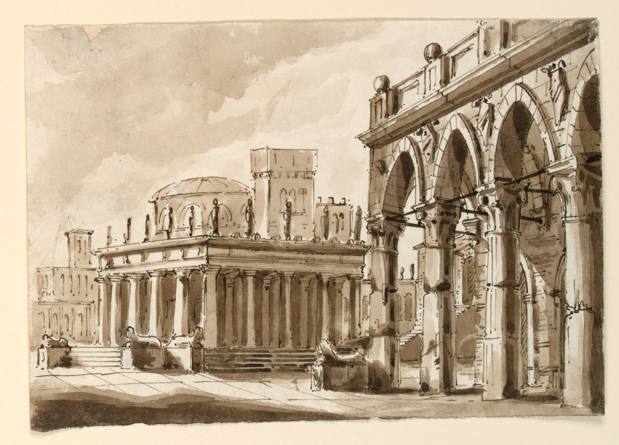 Scenedesign, firkant med offentlig bygning af Unknown artist