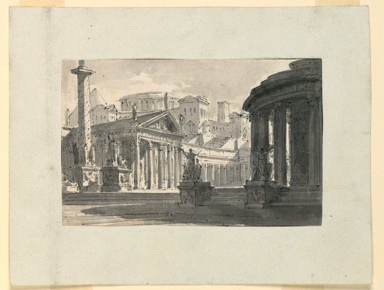 Scenedesign, udsigt over antik by af Unknown artist