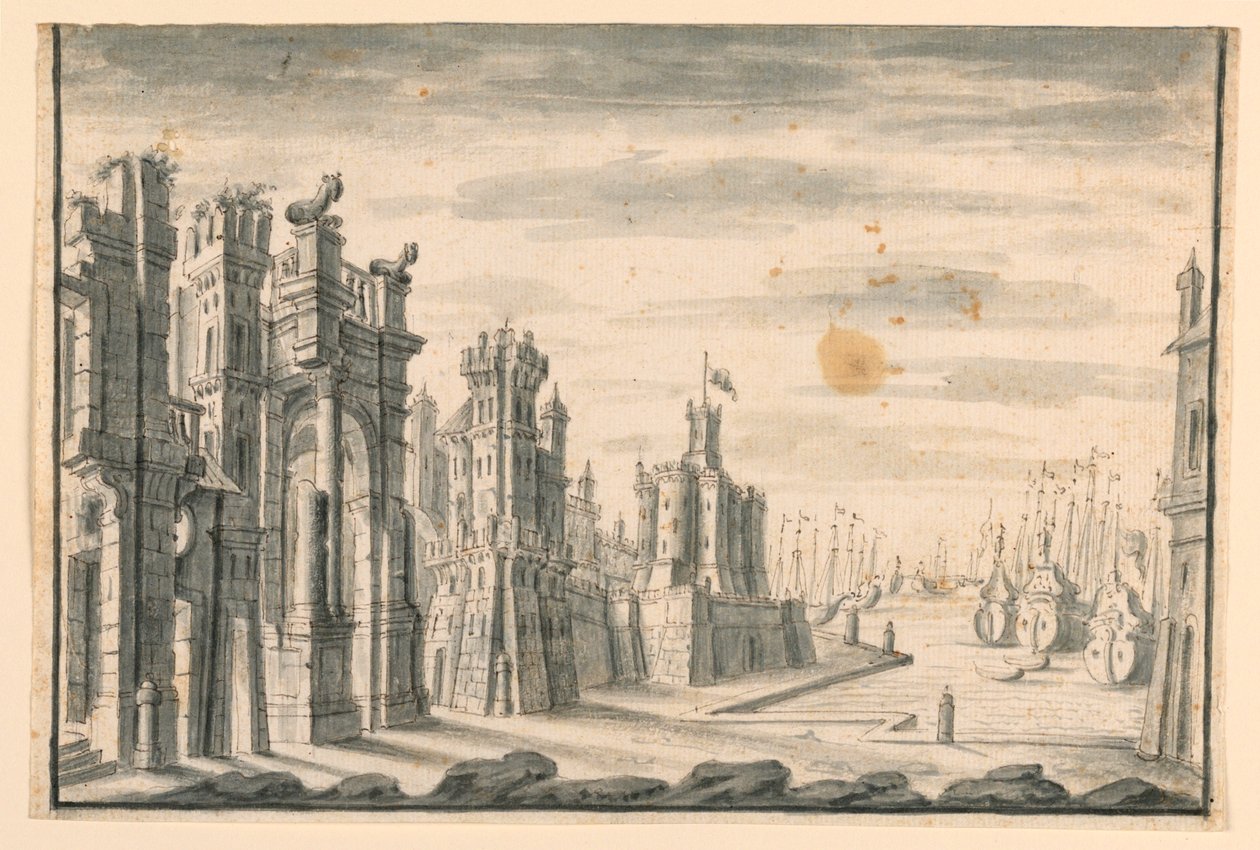 Scenedesign, udsigt over by og havn af Unknown artist