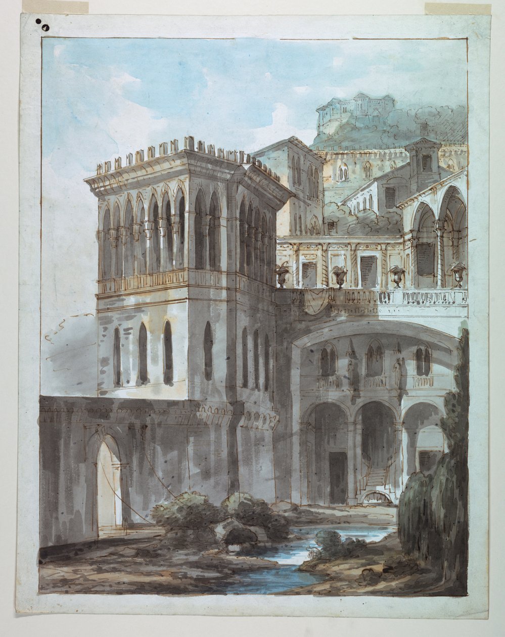 Scenedesign, udsigt over byen på bjergsiden af Unknown artist