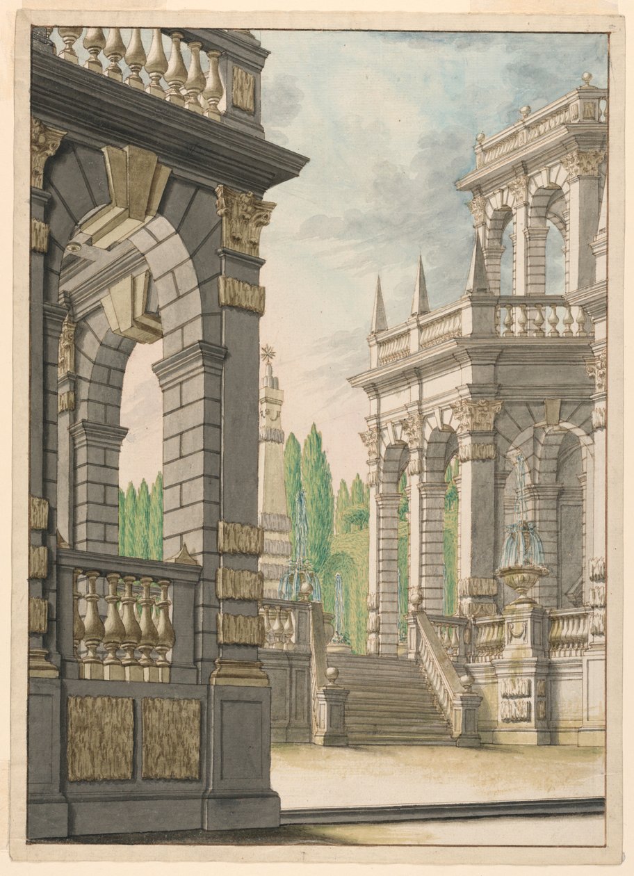 Scenedesign: Villa med Obelisk og Albani-våben af Unknown artist
