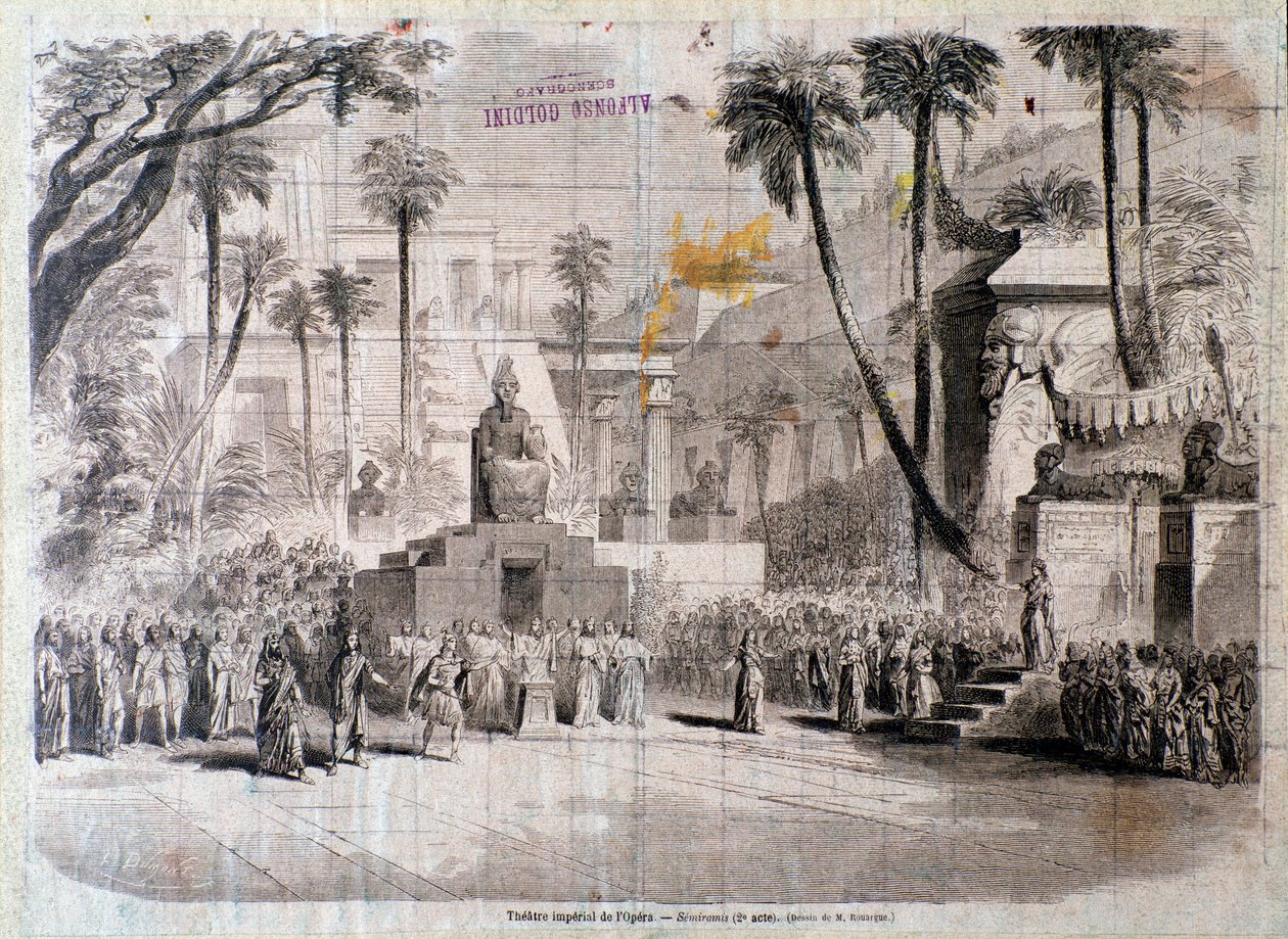 Scene til anden akt af Semiramide, opera af Gioacchino Rossini af Unknown artist
