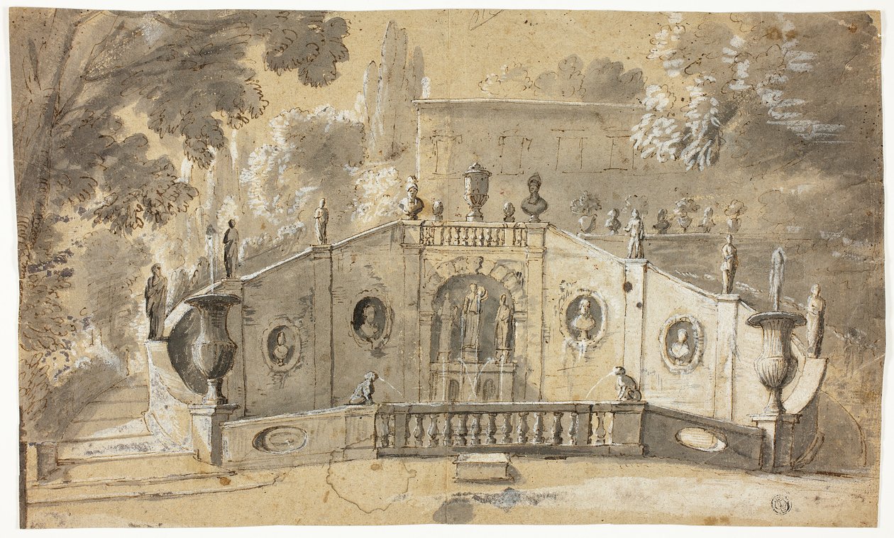 Trappe og springvand (recto); Siddende nøgen mand i profil til venstre, ser opad (verso) af Unknown artist