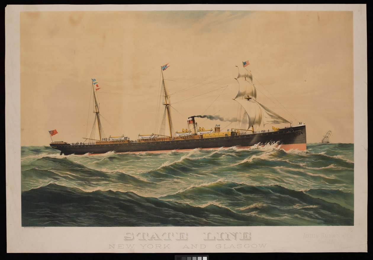State Line New York og Glasgow, Austin Baldwin  Co General Agents New York (chromolithografi) af Unknown artist