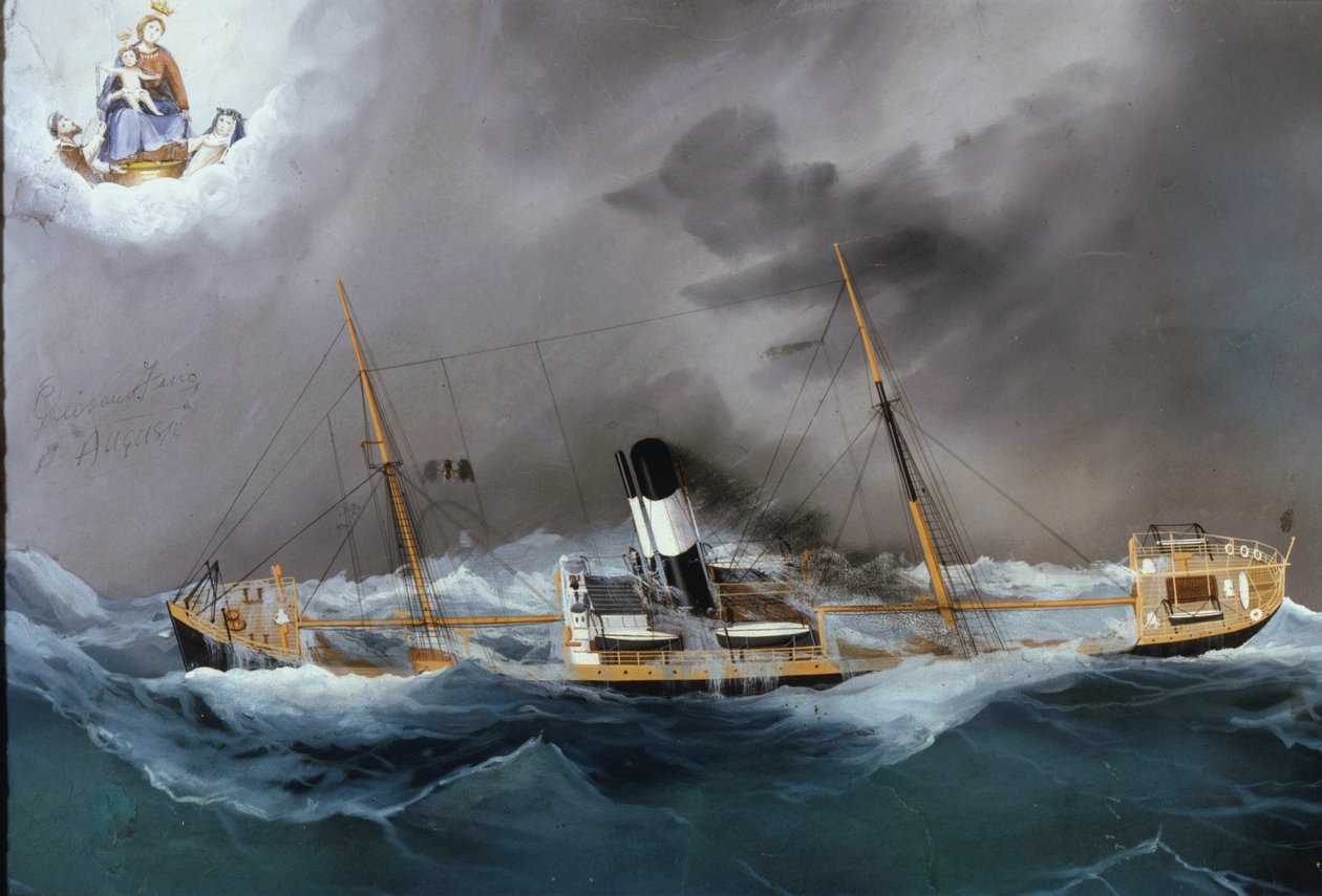 Dampbåd i en storm. af Unknown artist