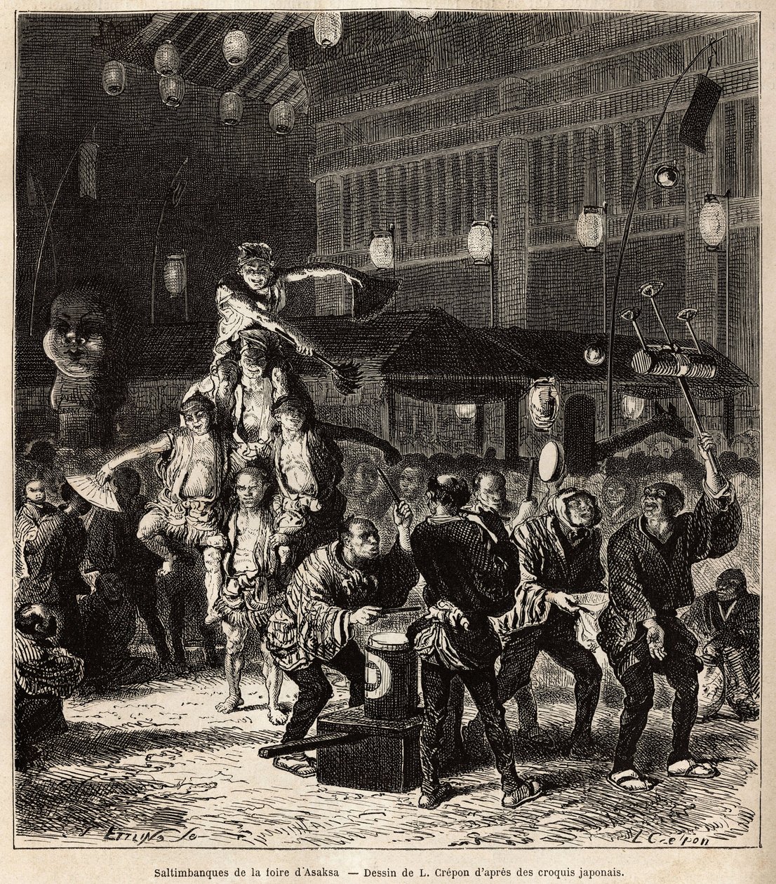 Gadesaltim: jonglører, balancespillere og akrobater i natforestillinger på den årlige Asaksa-messe, Tokyo-templet. Gravering til illustration af rejsen til Japan af Aime Humbert, minister for Det Schweiziske Forbund, i 1863-1864, udgivet i "" le tour du m af Unknown artist