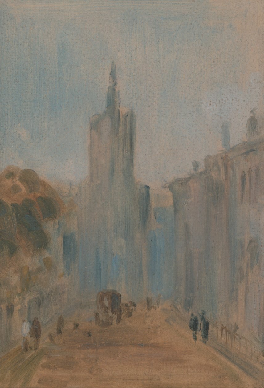 Gade med Kirke og Figurer af Unknown artist