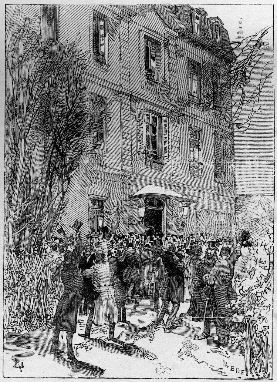 Studentdemonstration til ære for Michel Eugene (Michel-Eugene) Chevreul (1786-1889) (dekan for Frankrigs studerende) på Jardin des Plantes i Paris. Indgravering i "" The Illustrous World "" 1885. af Unknown artist