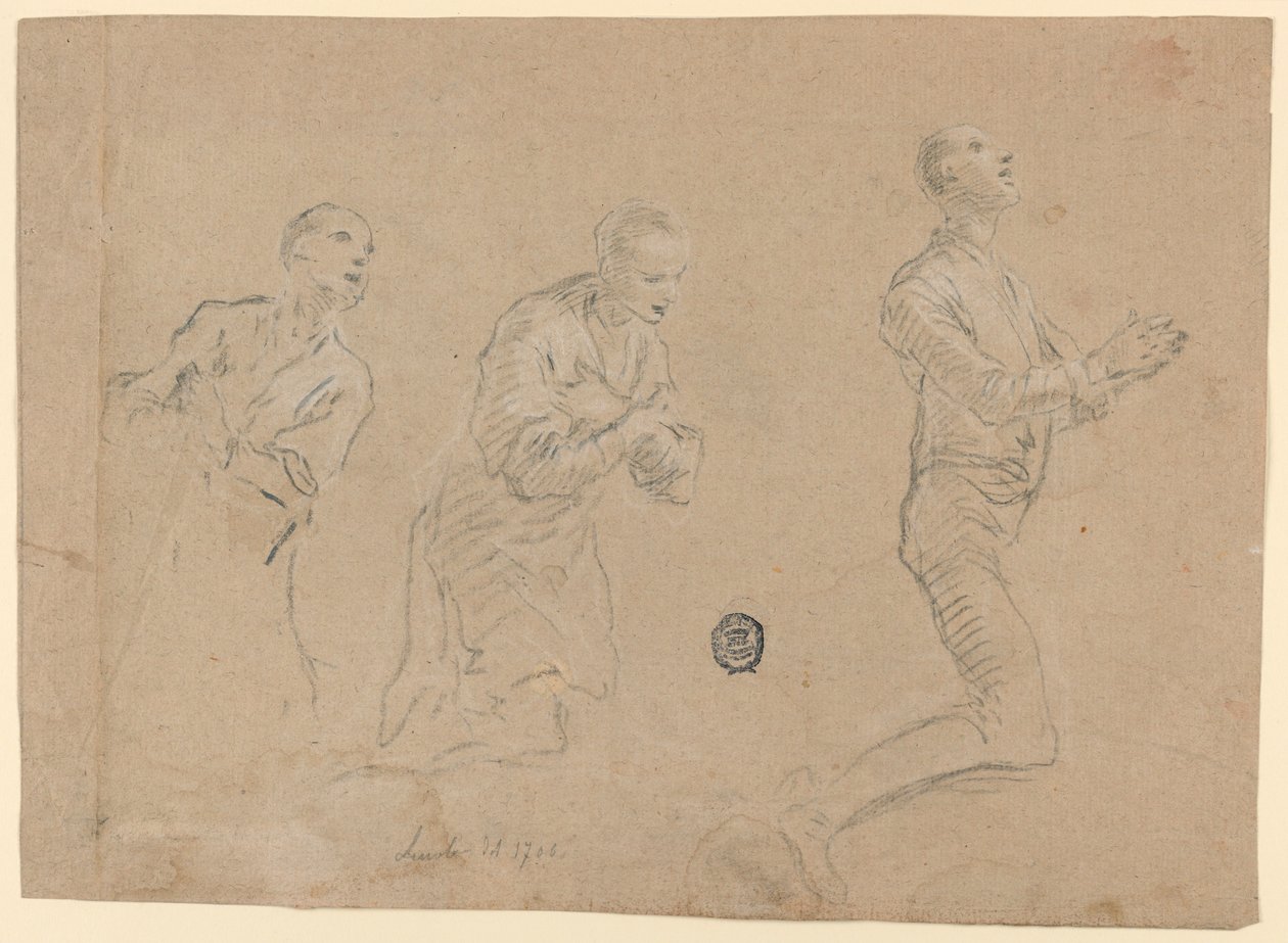 Studier (a) Tre knælende hyrder. (b) To arme af Unknown artist