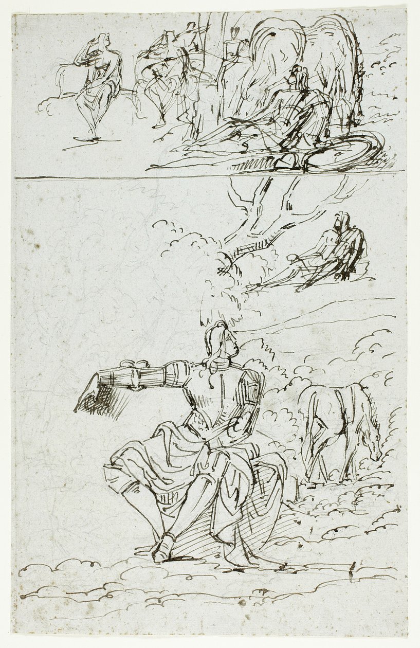 Studieark med siddende ridder (recto); stående mandsfigur i middelalderdragt (verso) af Unknown artist