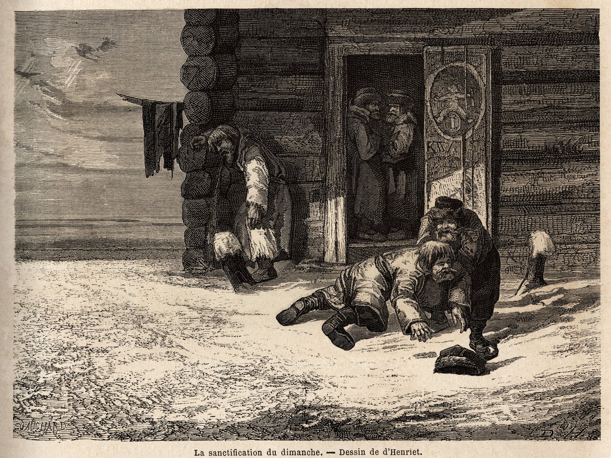 Søndag helliggørelse har spidskommen spiritus, Dorpat arbejdere. Tegning af Henriet, til illustration af hans rejse til de russiske baltiske provinser i 1851-54. Indgravering i "" Le tour du monde"", redigeret af Edouard Charton af Unknown artist