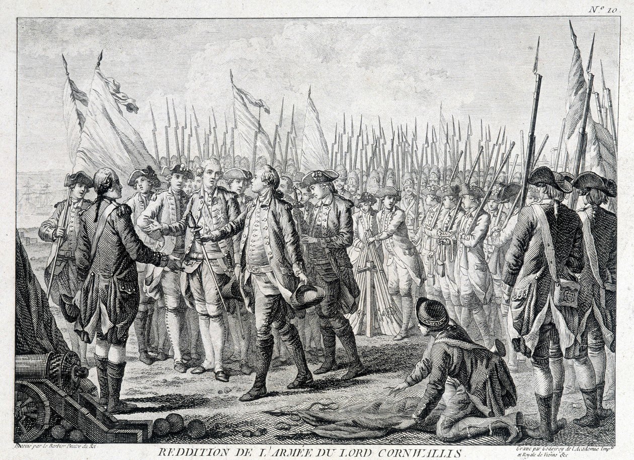 Overgivelse af den britiske hær af Lord Cornwallis (1738 - 1805) til Amerika den 19. oktober 1781. af Unknown artist