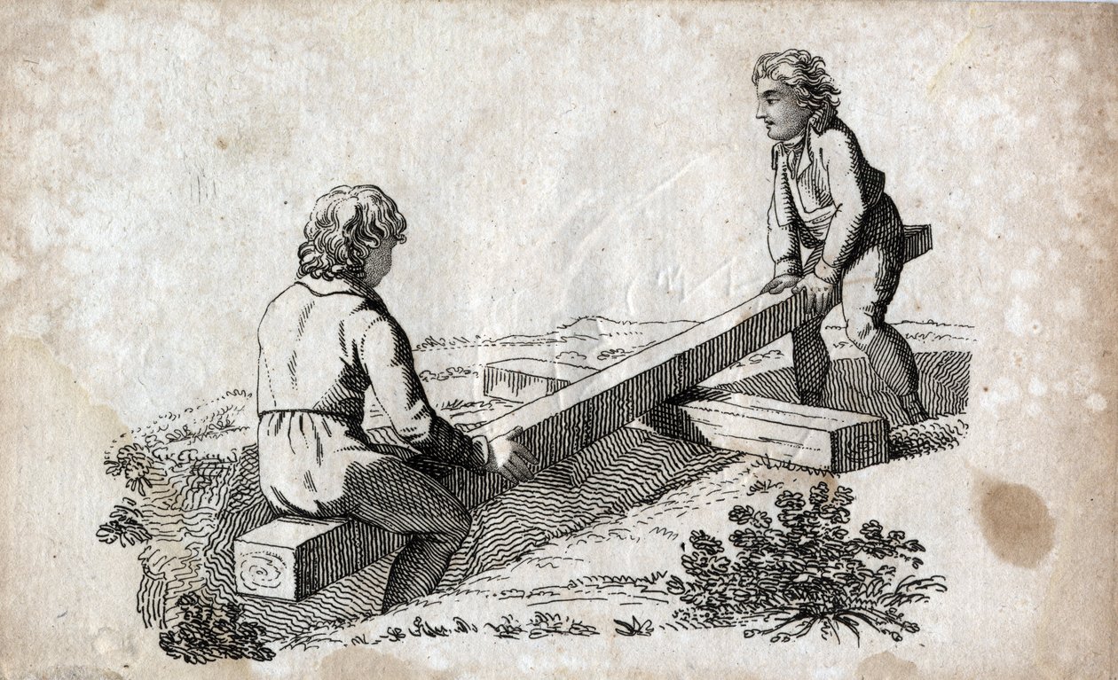 Gynge: to børn på et numsebånd (rumpebånd) Gravering sidst i 1700-tallet. Privat samling. af Unknown artist