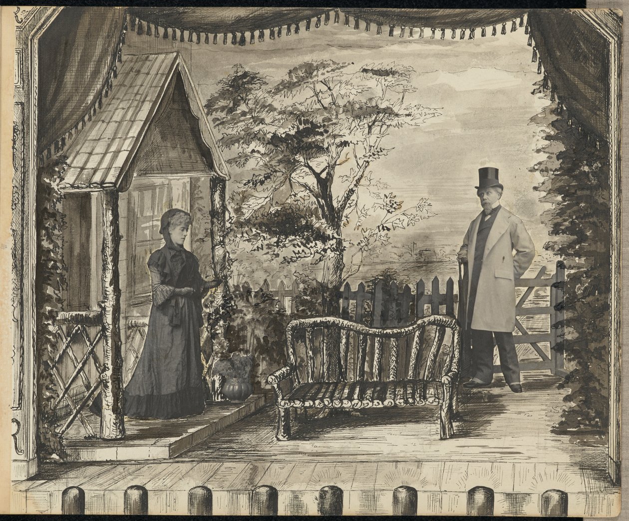 [Tableau vivant af en mand og en kvinde på en teaterscene]. af Unknown artist