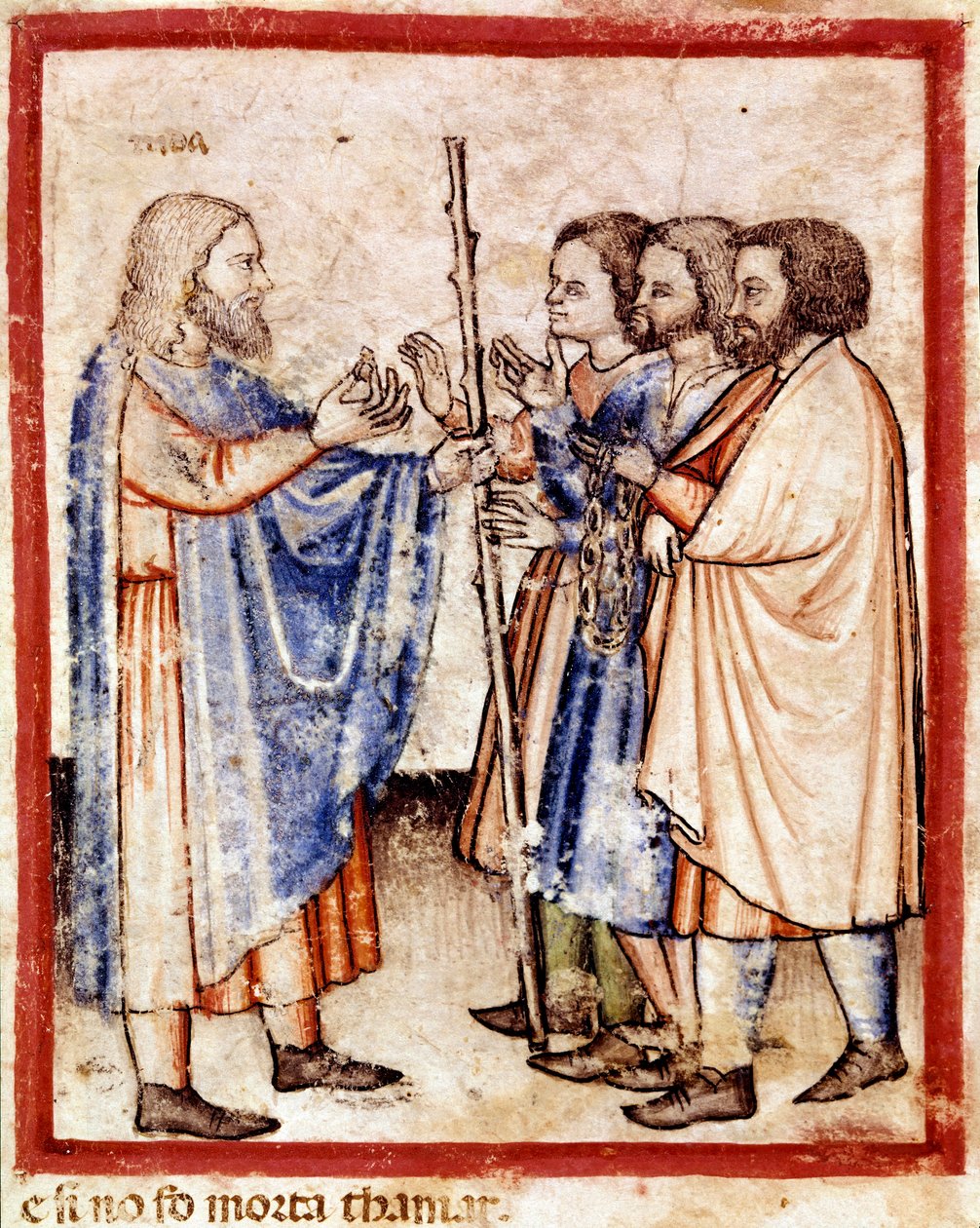 Tamar præsenterer Juda for seglet, snoren og stokken, han havde efterladt som sikkerhed, miniature fra codex 212 (eller padovano codice eller Bible of Padua) 1390-1400 (vellum) af Unknown artist
