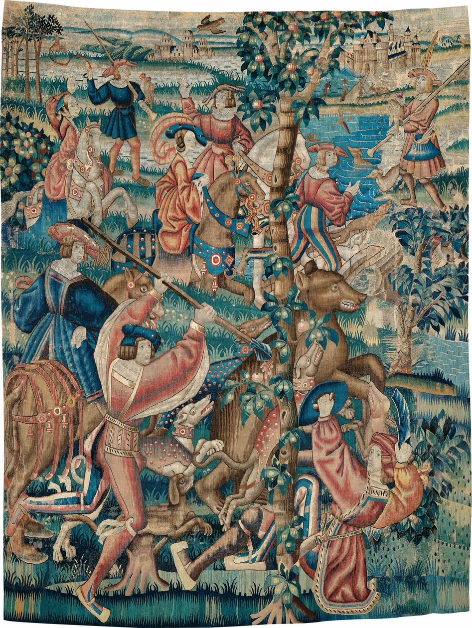 Tapestry (Bjørnejagt og falkoneri fra en jagtserie) af Unknown artist