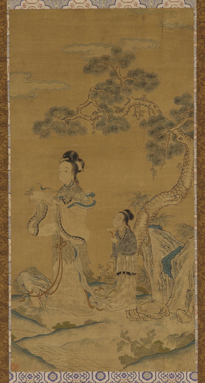 Tapestry: en daoistisk kvinde udødelig og ledsager under en fyr af Unknown artist
