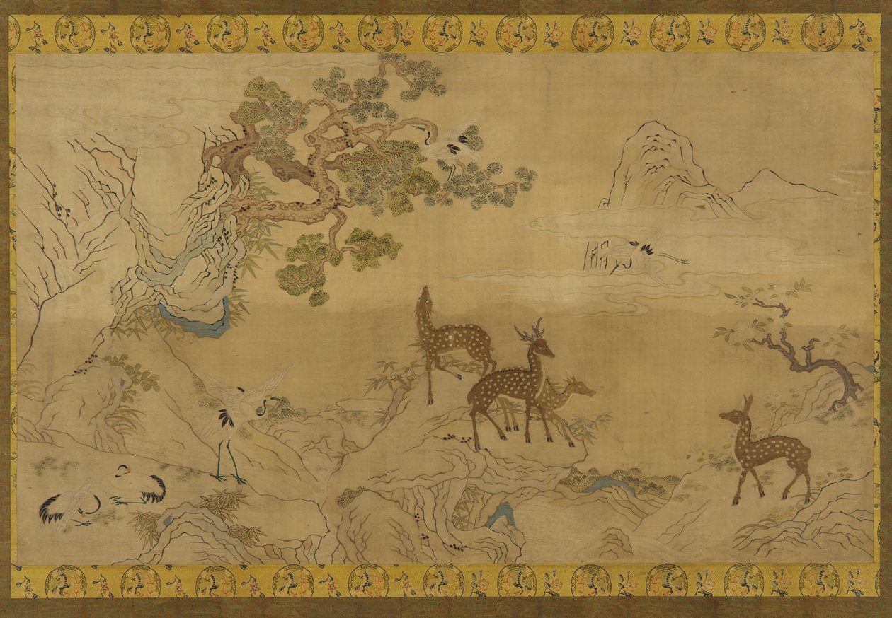 Gobelin: landskab med hjorte, storke, fyrretræer og ferskentræer af Unknown artist