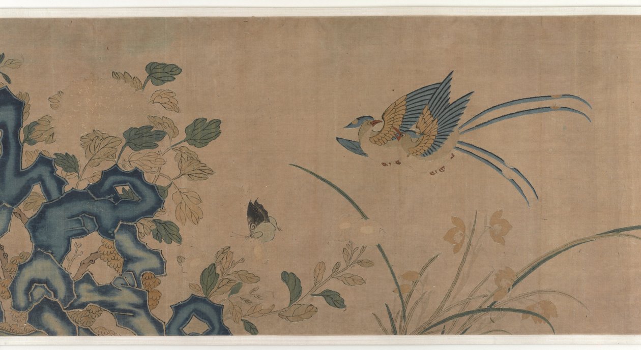 Tapet af blomster, en sten, fugle og sommerfugle af Unknown artist