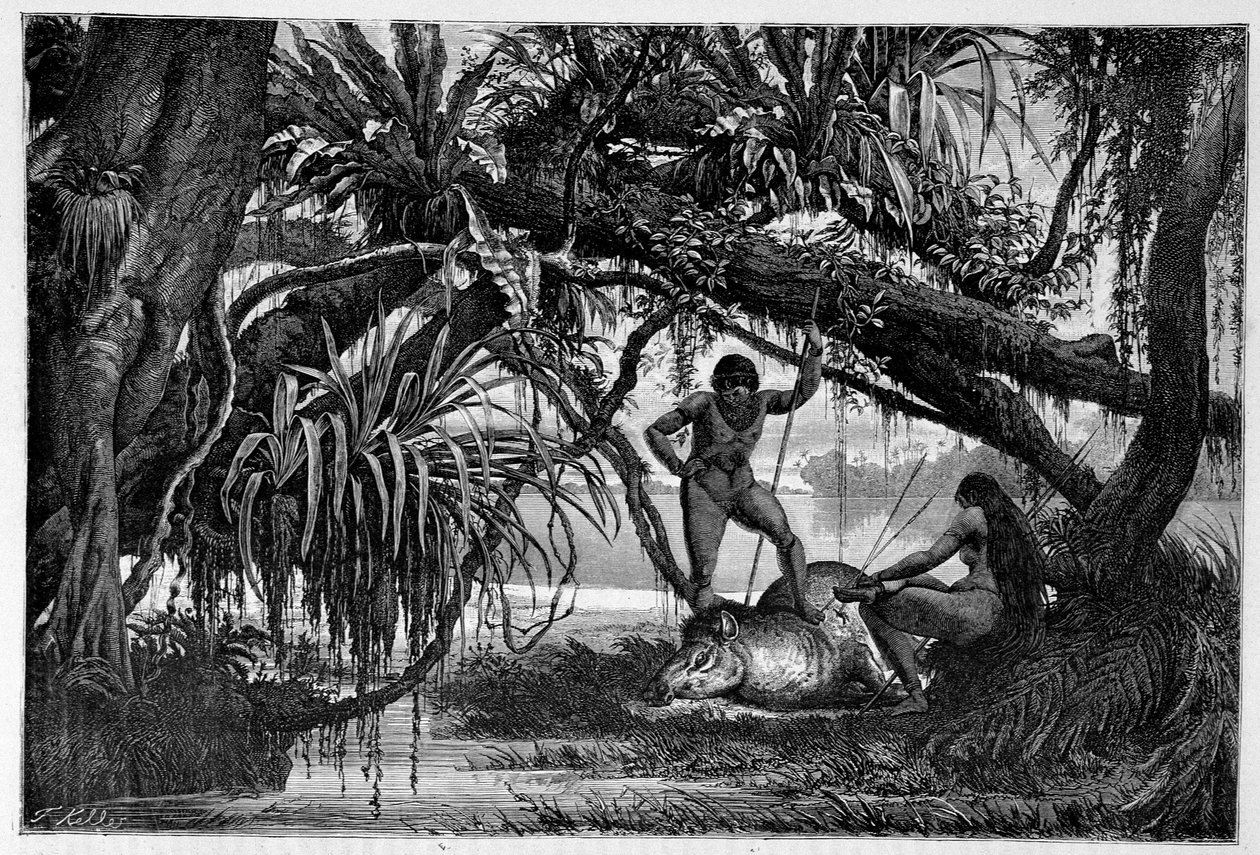 Tapir dræbt af indianere fra Brasilien - i "" Jorden rundt"" 2. semester 1874. af Unknown artist