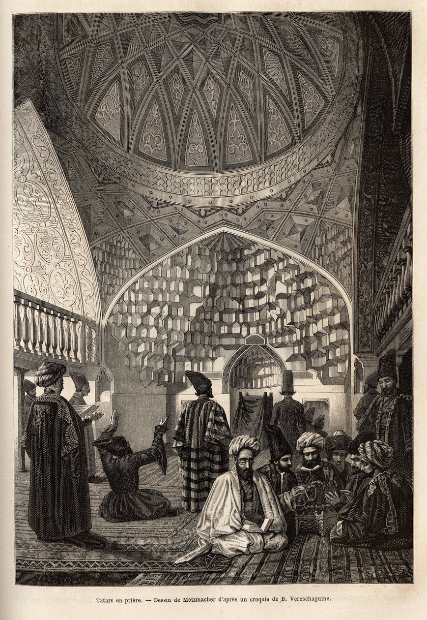 Tatarer i bøn, i moskeen Schusha (Transkaukasien, Rusland). Gravering til illustration af rejsen i Kaukasus-provinserne, af Basile Vereschaguine, i 1864-1865, udgivet i "" le tour du monde"", under ledelse af D