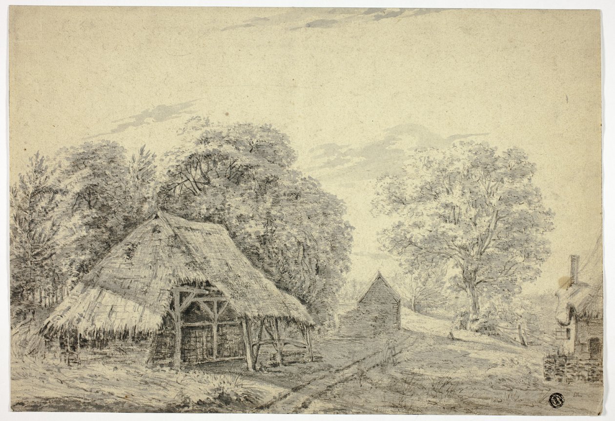 Stråtækt skur på gården af Unknown artist