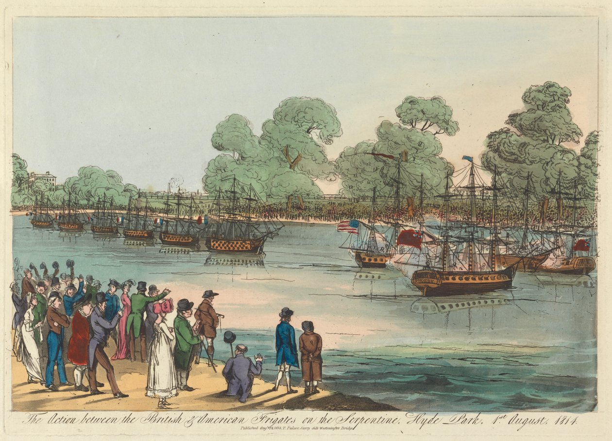 Aktionen mellem de britiske og amerikanske fregatter på Serpentinen, Hyde Park 1. august 1814 af Unknown artist