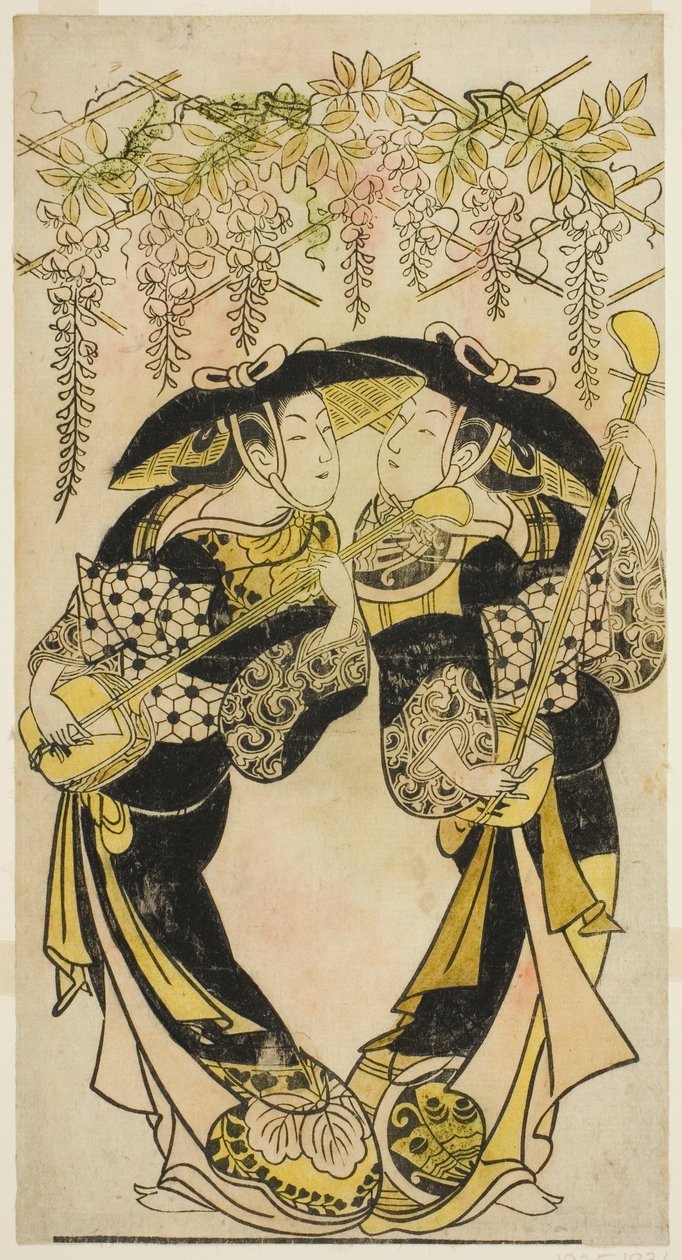 Skuespillerne Sanjo Kantaro (til højre) og Fujimura Handayu (til venstre) som musikere, der spiller under blåregn. af Unknown artist