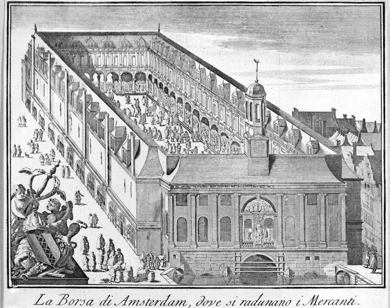 Amsterdam-børsen, hvor købmænd samles. 1700-tals gravering. af Unknown artist