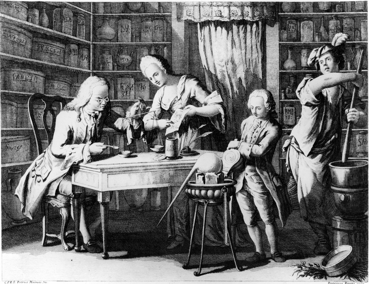 Apotekeren. 1800-tals gravering. af Unknown artist