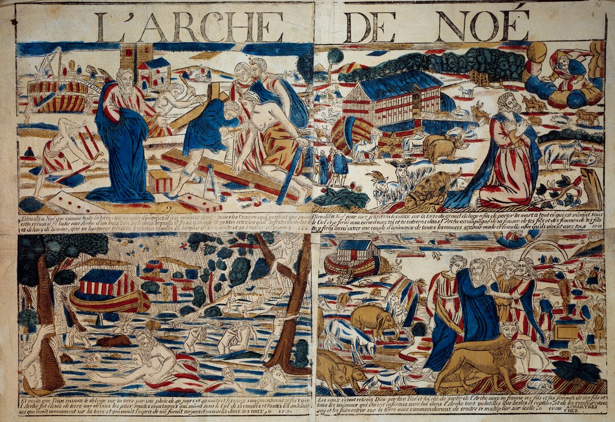 The Ark of Noe Konstruktionen af arken, Noe modtager annonceringen af syndfloden, syndfloden, dyrearten reddet efter syndfloden"" Gravering af det 18. århundredes private samling af Unknown artist