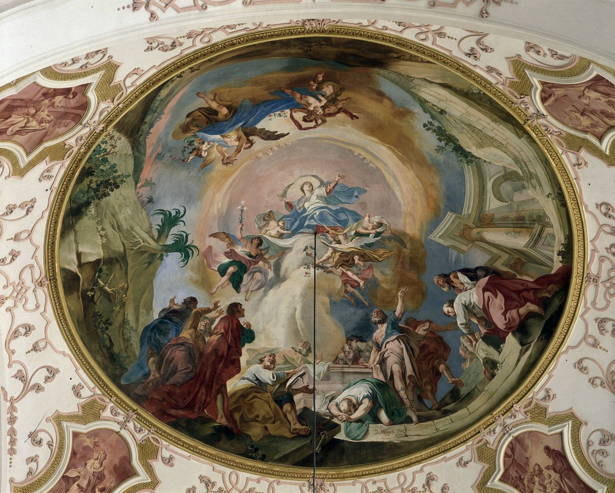 Jomfruens antagelse. Fresko af hvælvingen, Abbey Church of Ebersmunster, Alsace. af Unknown artist